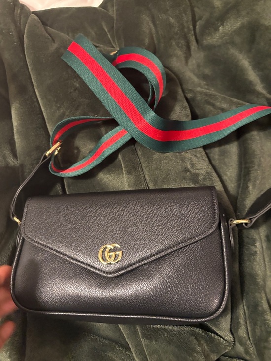 Black Leather Crossbody with Red-Green Web Stripe Strap - Picture 3 of 6